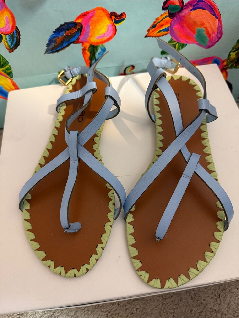 FARM Rio Pale Blue Strappy Sandals with Lime Scallop Trim-no Box